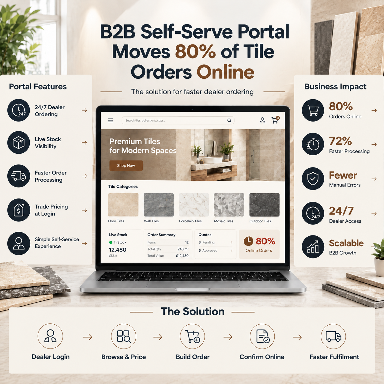 How a Tile Distributor Moved 80% of Phone Orders to a Self-Serve Dealer Portal